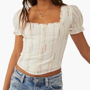 Free People Serotonin Crop Corset Embroidered Puff Sleeve Top